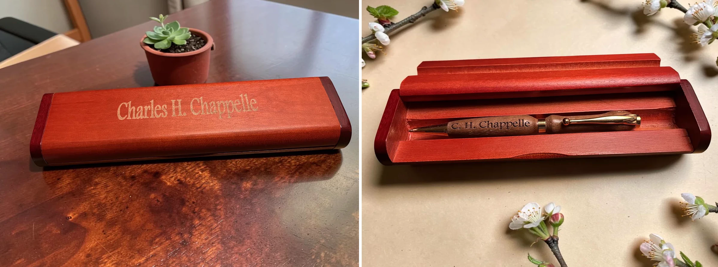 Personalized red wood pen case and pen detail views